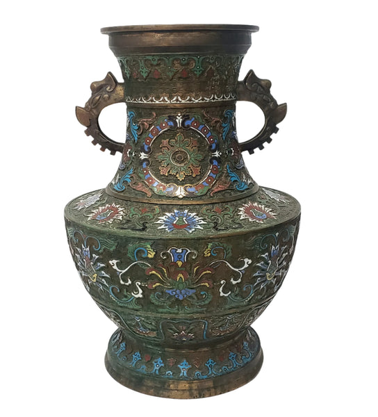 Large 19" Stately Japanese Champlevé Vase Enamel over Brass