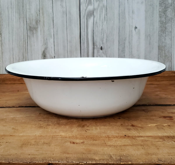 Pair of Vintage White Enamelware Round Bowls - Basins Black Trim 15" & 12 3/4"