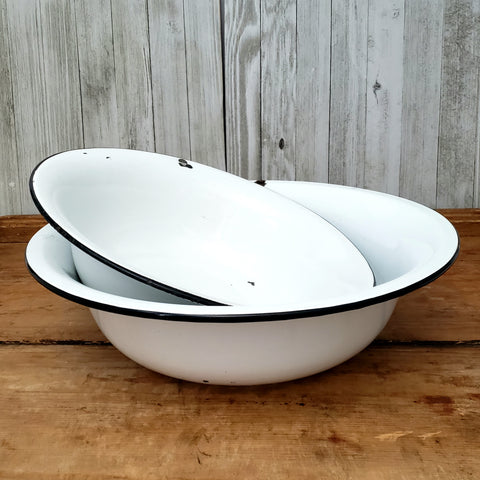 Pair of Vintage White Enamelware Round Bowls - Basins Black Trim 15" & 12 3/4"