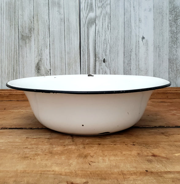 Pair of Vintage White Enamelware Round Bowls - Basins Black Trim 15" & 12 3/4"