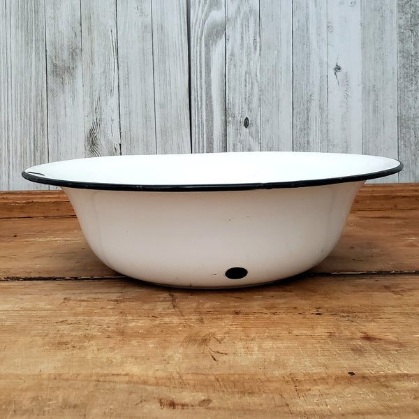 Pair of Vintage White Enamelware Round Bowls - Basins Black Trim 15" & 12 3/4"