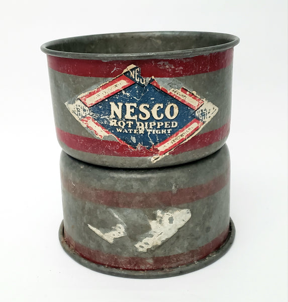 Pair of Antique Dry Measure 2 Quart Galvanized Metal Red Bands NESCO