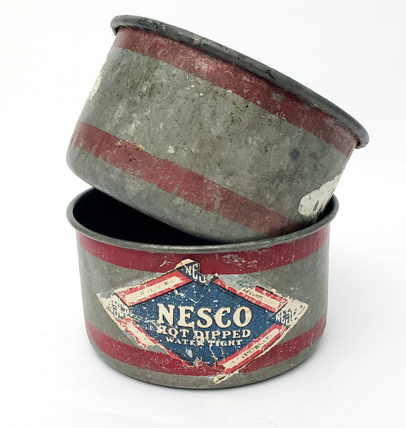 Pair of Antique Dry Measure 2 Quart Galvanized Metal Red Bands NESCO