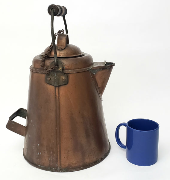 Antique Extra Large Copper Cowboy Coffee Pot 2 Gal. Original Chain Wooden Bail Handle