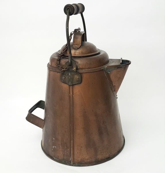 Antique Extra Large Copper Cowboy Coffee Pot 2 Gal. Original Chain Wooden Bail Handle