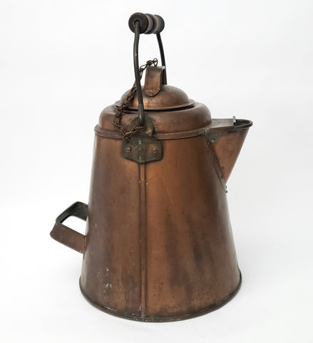 Antique Extra Large Copper Cowboy Coffee Pot 2 Gal. Original Chain Wooden Bail Handle