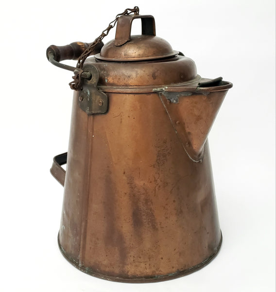 Antique Extra Large Copper Cowboy Coffee Pot 2 Gal. Original Chain Wooden Bail Handle