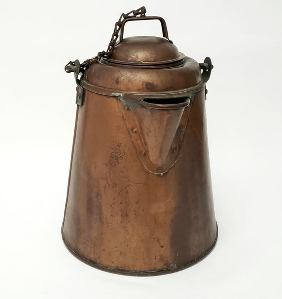 Antique Extra Large Copper Cowboy Coffee Pot 2 Gal. Original Chain Wooden Bail Handle