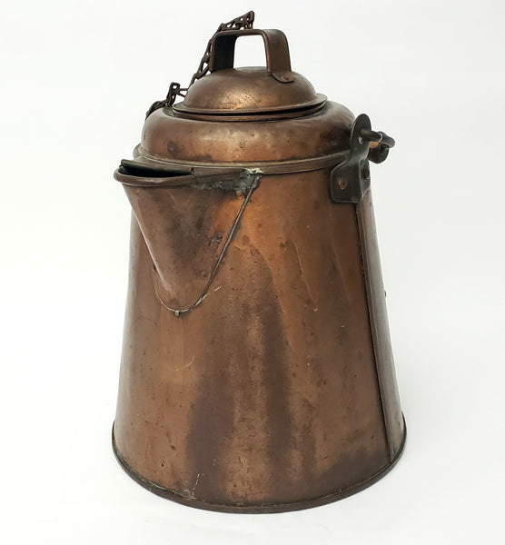 Antique Extra Large Copper Cowboy Coffee Pot 2 Gal. Original Chain Wooden Bail Handle