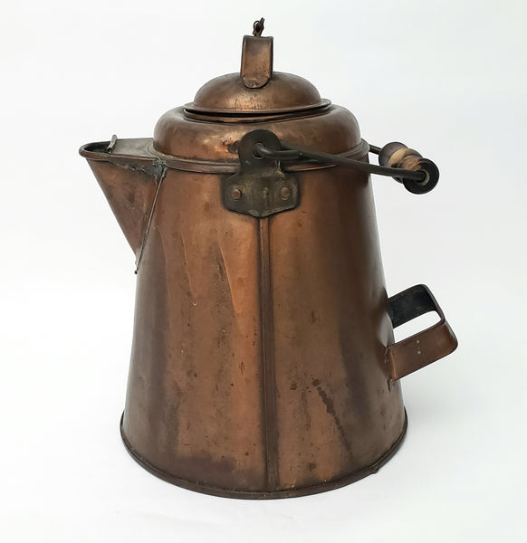 Antique Extra Large Copper Cowboy Coffee Pot 2 Gal. Original Chain Wooden Bail Handle