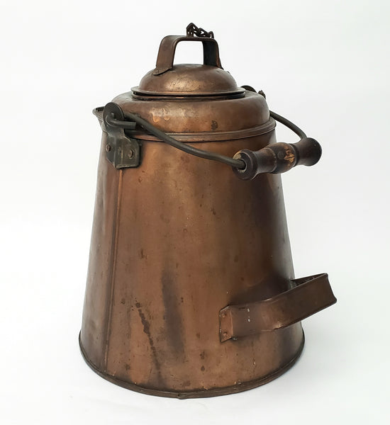 Antique Extra Large Copper Cowboy Coffee Pot 2 Gal. Original Chain Wooden Bail Handle