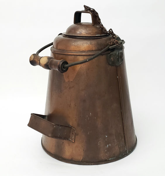 Antique Extra Large Copper Cowboy Coffee Pot 2 Gal. Original Chain Wooden Bail Handle