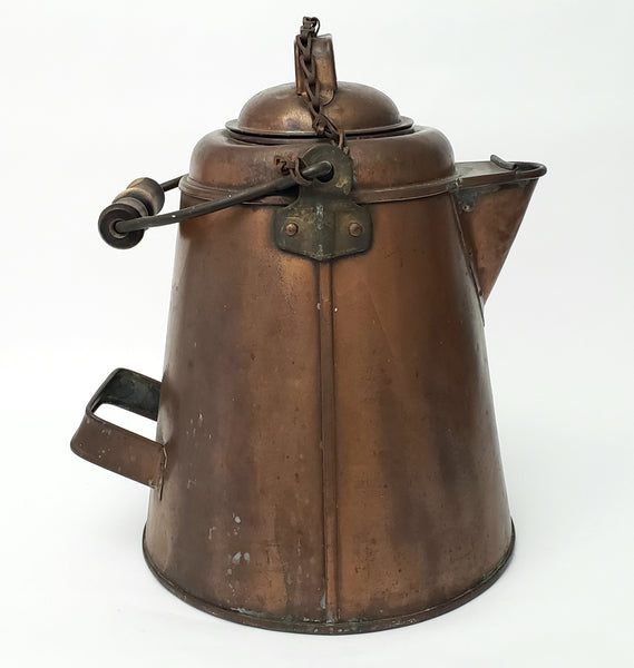 Antique Extra Large Copper Cowboy Coffee Pot 2 Gal. Original Chain Wooden Bail Handle