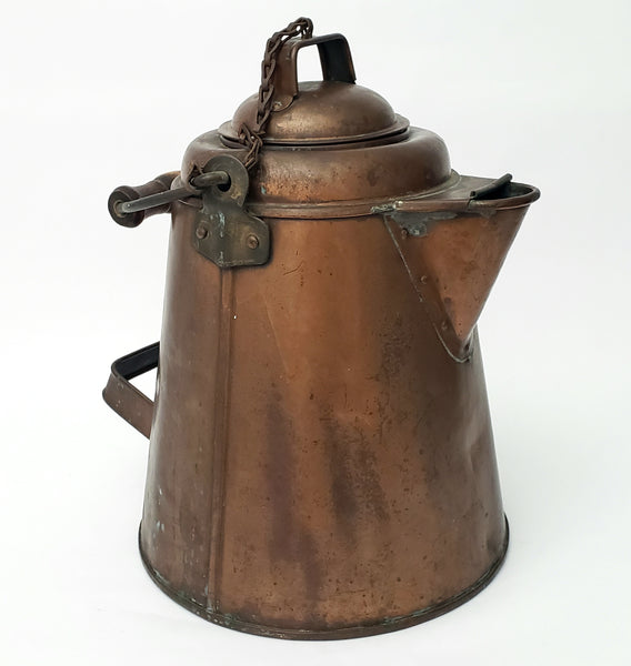 Antique Extra Large Copper Cowboy Coffee Pot 2 Gal. Original Chain Wooden Bail Handle