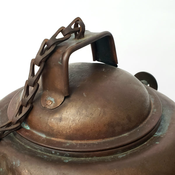 Antique Extra Large Copper Cowboy Coffee Pot 2 Gal. Original Chain Wooden Bail Handle