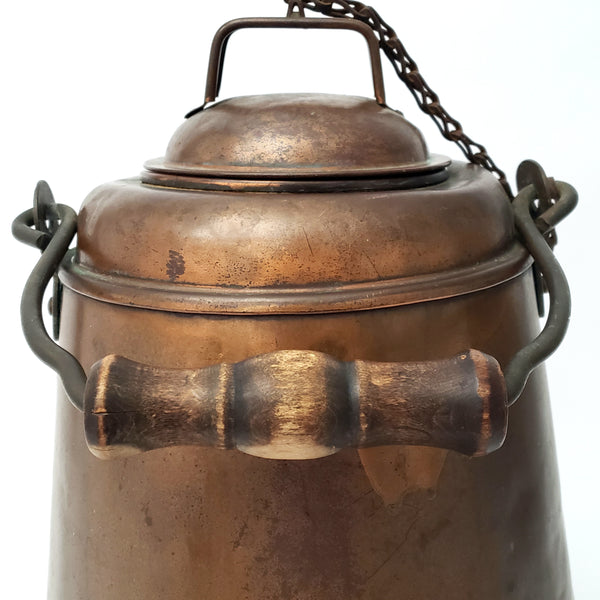 Antique Extra Large Copper Cowboy Coffee Pot 2 Gal. Original Chain Wooden Bail Handle