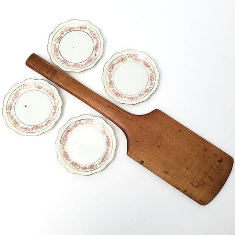 Vintage Wooden Butter Paddle with 4 Tiara Porcelain Butter Pats Roses Gold Trim