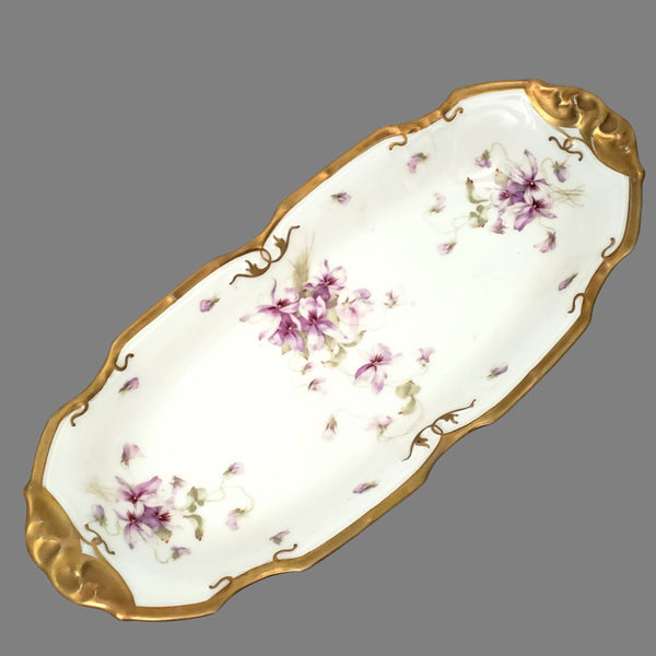 Antique Porcelain Serving Dish Purple Floral Violets Gold Gilt Limoges, France