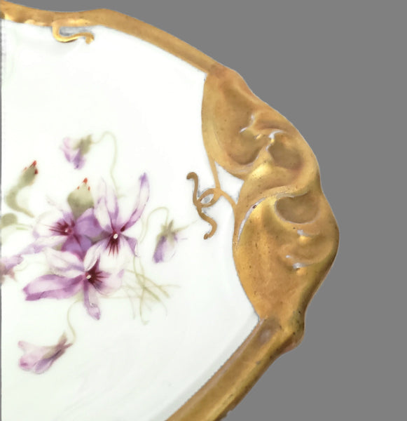 Antique Porcelain Serving Dish Purple Floral Violets Gold Gilt Limoges, France