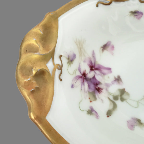 Antique Porcelain Serving Dish Purple Floral Violets Gold Gilt Limoges, France