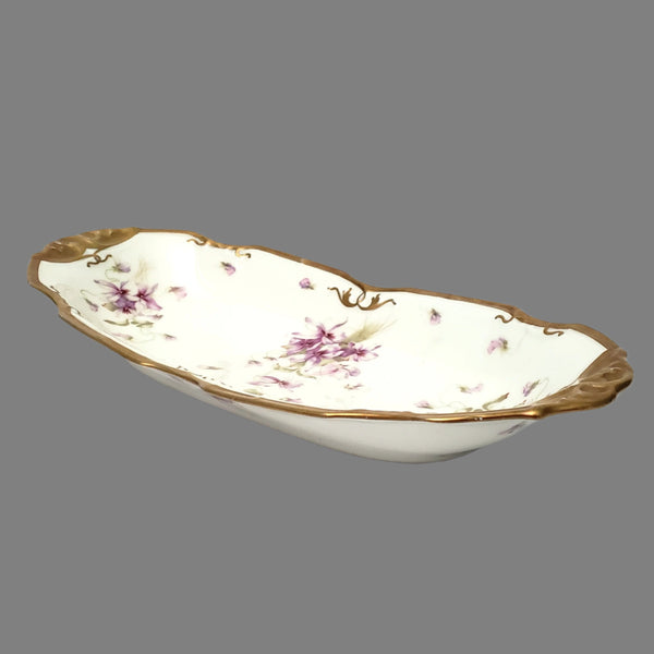 Antique Porcelain Serving Dish Purple Floral Violets Gold Gilt Limoges, France