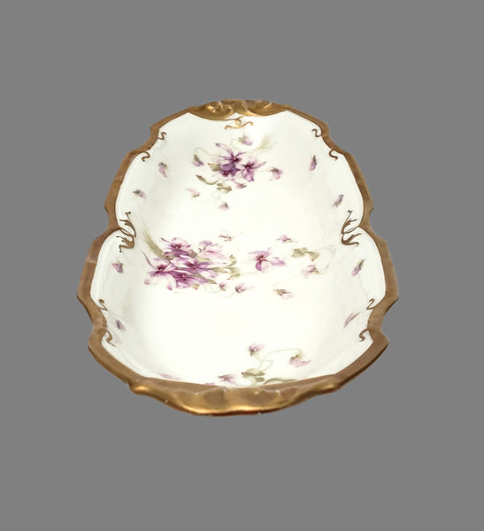 Antique Porcelain Serving Dish Purple Floral Violets Gold Gilt Limoges, France