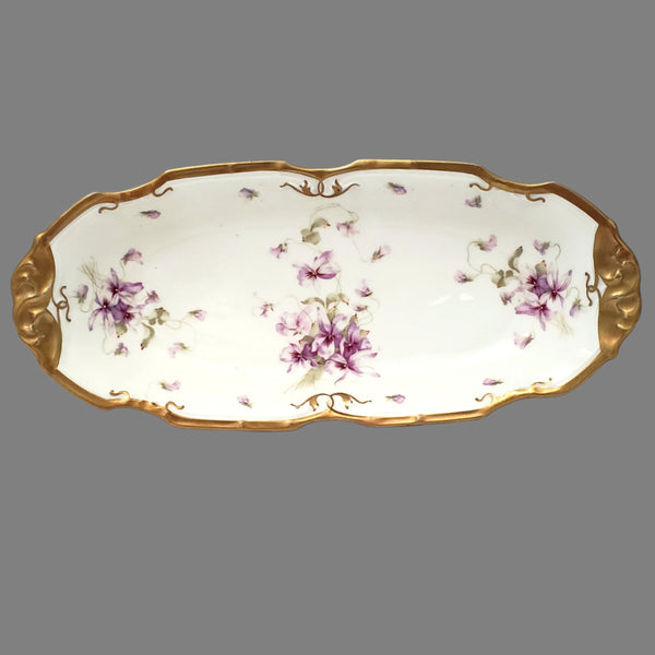 Antique Porcelain Serving Dish Purple Floral Violets Gold Gilt Limoges, France