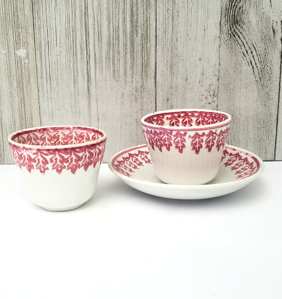 Antique Red & White Stick Spatterware Childs Play Handleless Cups & Saucer 3 pc