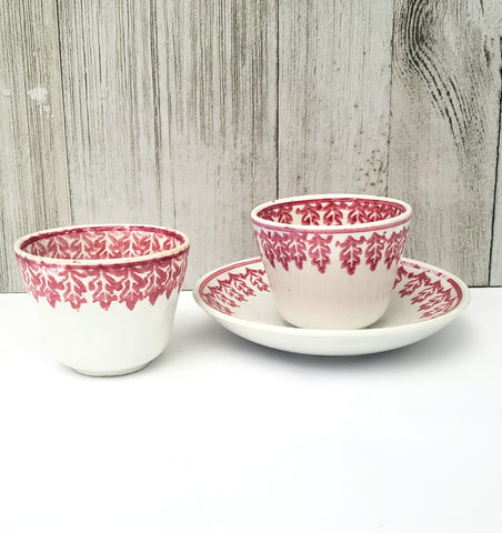 Antique Red & White Stick Spatterware Childs Play Handleless Cups & Saucer 3 pc