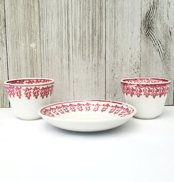 Antique Red & White Stick Spatterware Childs Play Handleless Cups & Saucer 3 pc