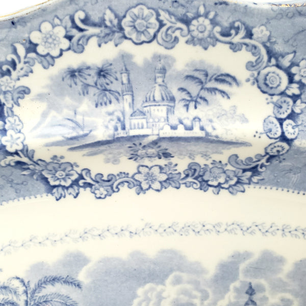 Antique Blue Transferware 16" Oval Platter Oriental by Ridgways Staffordshire England