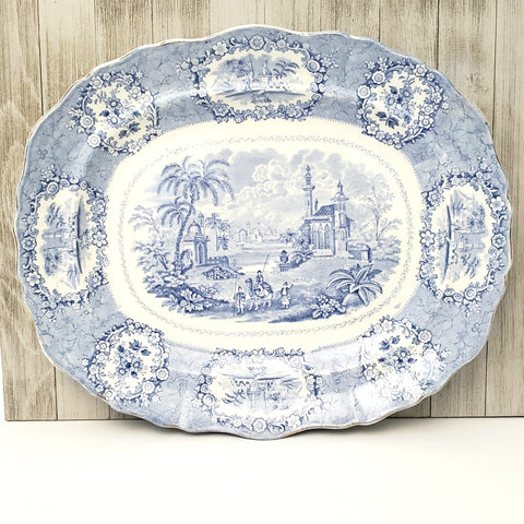 Antique Blue Transferware 16" Oval Platter Oriental by Ridgways Staffordshire England