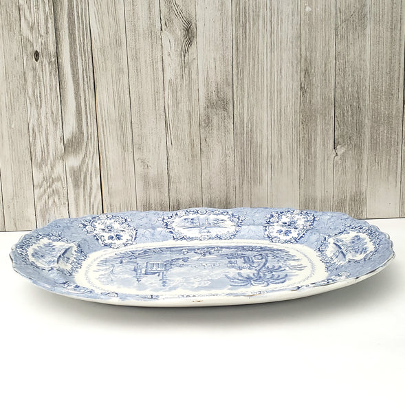 Antique Blue Transferware 16" Oval Platter Oriental by Ridgways Staffordshire England