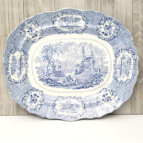 Antique Blue Transferware 16" Oval Platter Oriental by Ridgways Staffordshire England