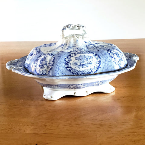 Antique Oval Blue Transfer Ware Covered Serving Bowl "Oriental" by Ridgway England