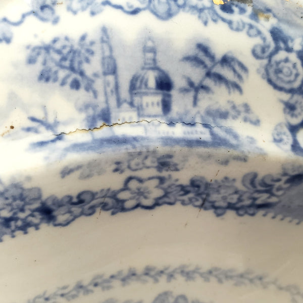 Antique Oval Blue Transfer Ware Covered Serving Bowl "Oriental" by Ridgway England