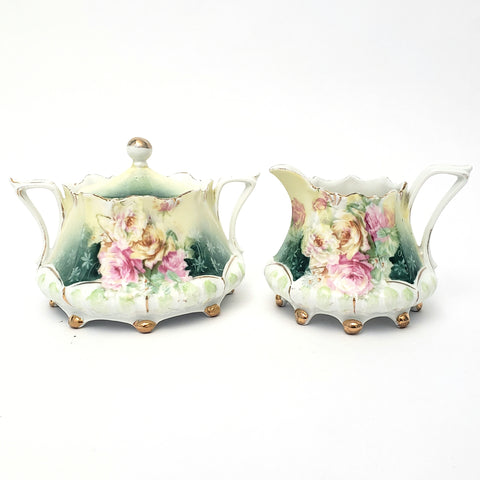 Antique RS Prussia Covered Sugar and Creamer Set Roses