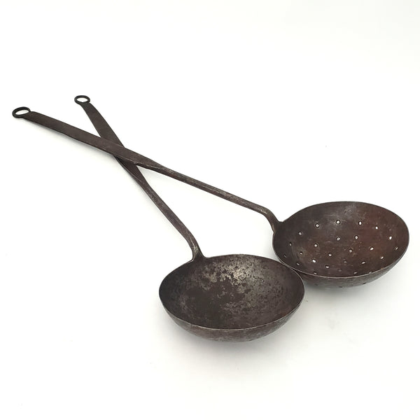 Antique Rustic Iron Ladle and Skimmer Ring End Kitchen Hearth Accent