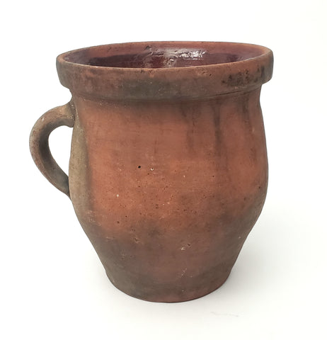 Primitive Redware Crock Single Applied Handle Glazed Interior Pennsylvania