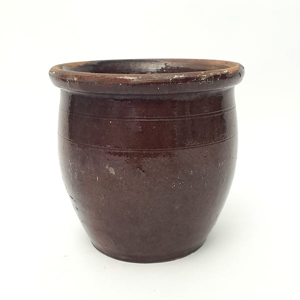 Antique Brown Glazed American Redware Apple Crock 5 1/2"