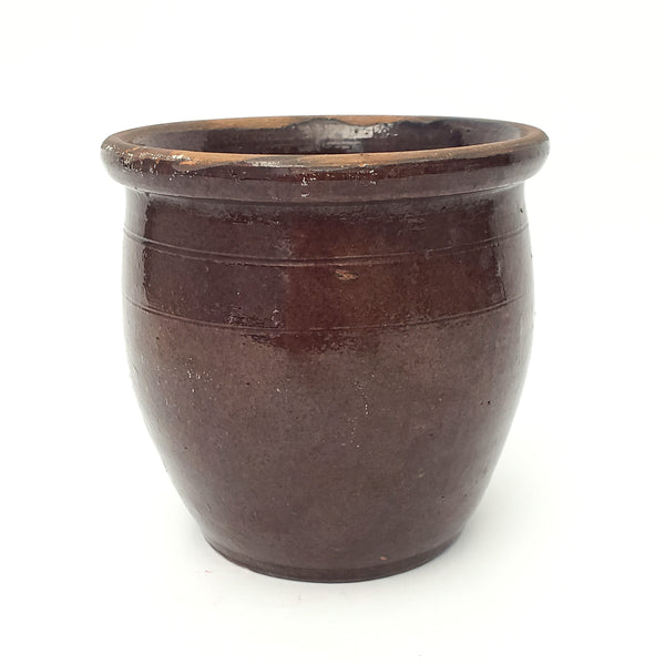 Antique Brown Glazed American Redware Apple Crock 5 1/2"