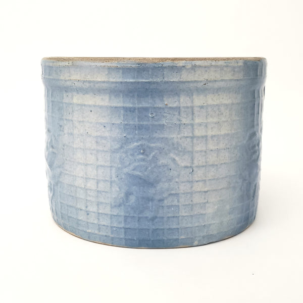 Antique Blue & White Stoneware Crock 4 1/4" Rose & Trellis