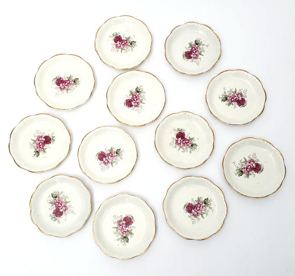 Antique Porcelain Butter Pats Dishes Set of 12 Pink & Rose Floral