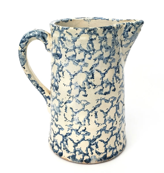 Antique Blue & White Salt Glaze Spongeware Stoneware Pitcher ~ Country Farmhouse