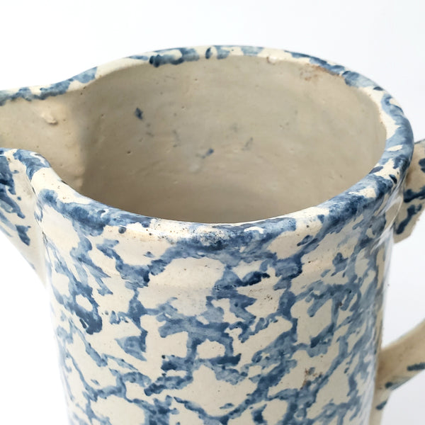 Antique Blue & White Salt Glaze Spongeware Stoneware Pitcher ~ Country Farmhouse