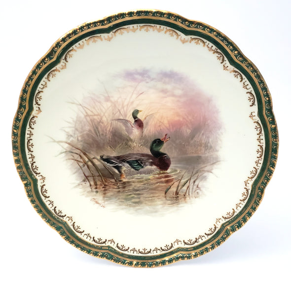 Hand-Painted Cauldon Porcelain Plate Mallard Ducks England Signed J. Birbeck Sen