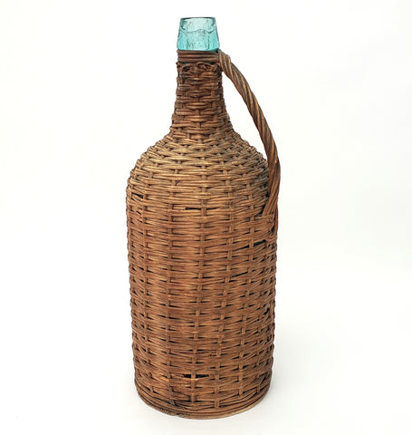 Antique Wicker Woven Aqua Demijohn Glass Bottle with Wooden Base