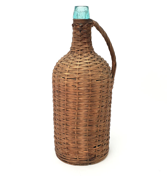 Antique Wicker Woven Aqua Demijohn Glass Bottle with Wooden Base