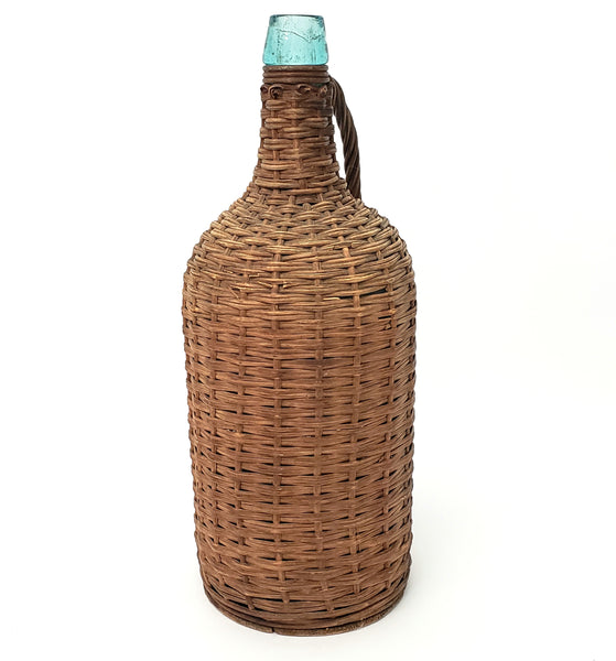 Antique Wicker Woven Aqua Demijohn Glass Bottle with Wooden Base