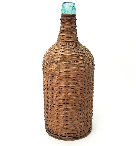 Antique Wicker Woven Aqua Demijohn Glass Bottle with Wooden Base